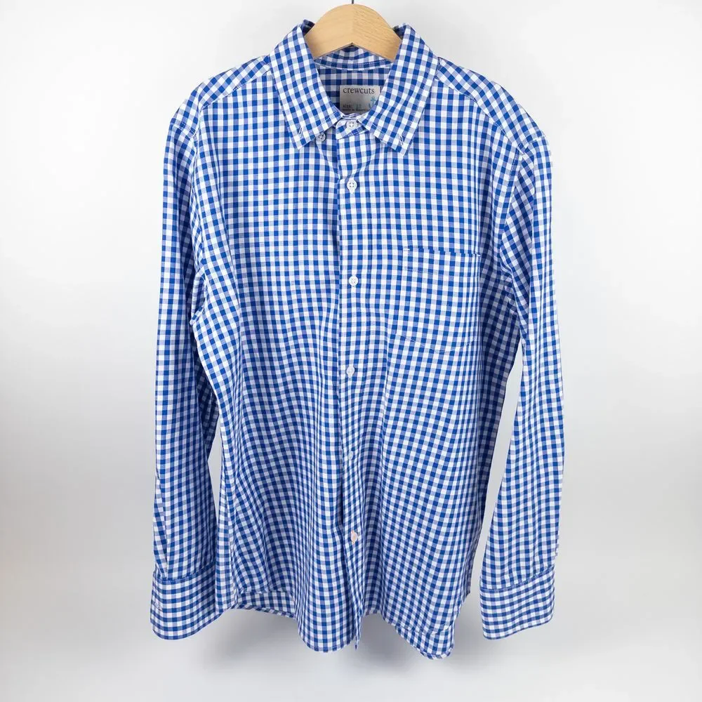 Crewcuts Cotton Poplin Collared Gingham Pocket Button Down Shirt Blue Kids Sz 12